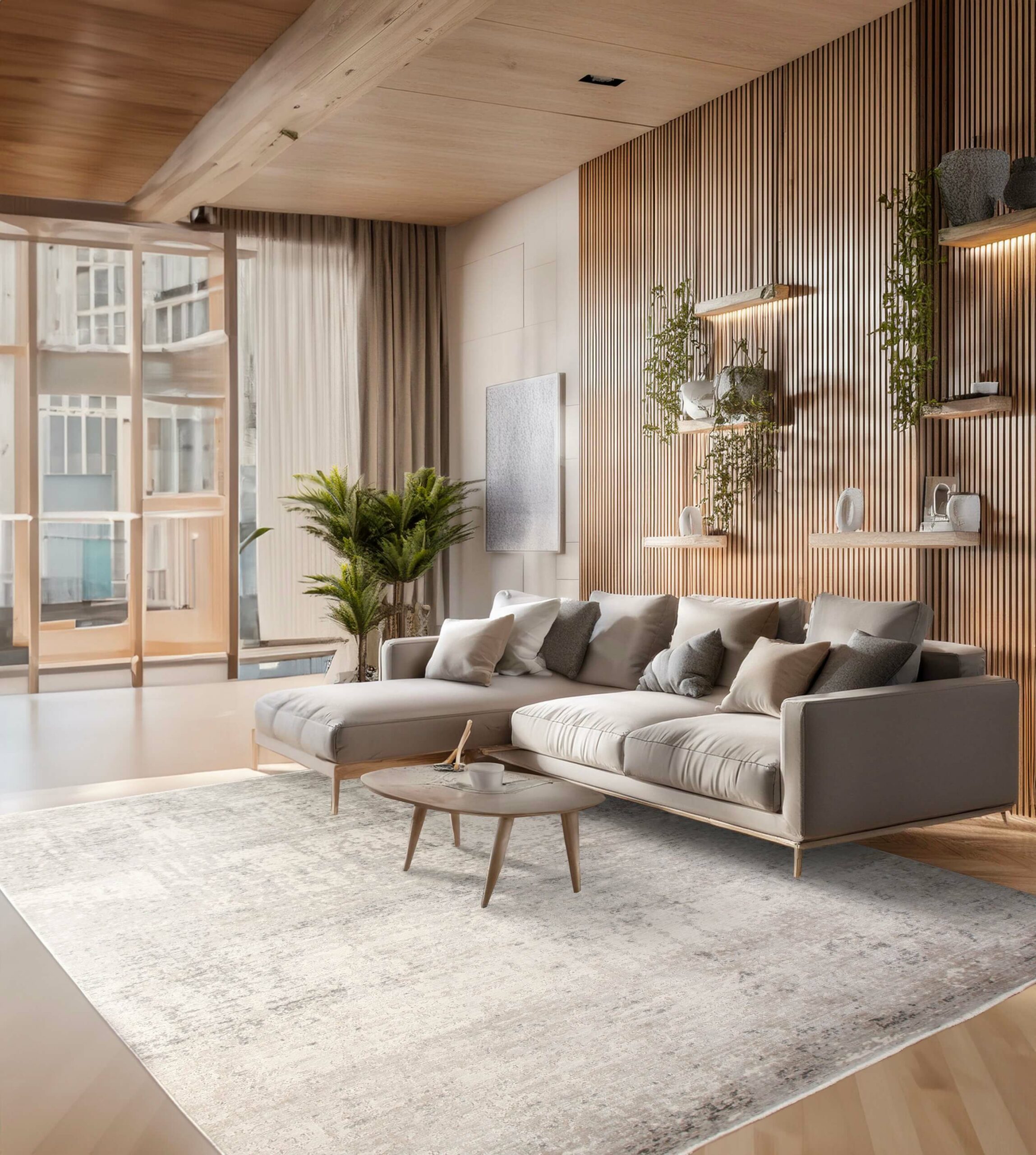 Firefly create an ultra realistic interior design of living room with so much details and light gray copy