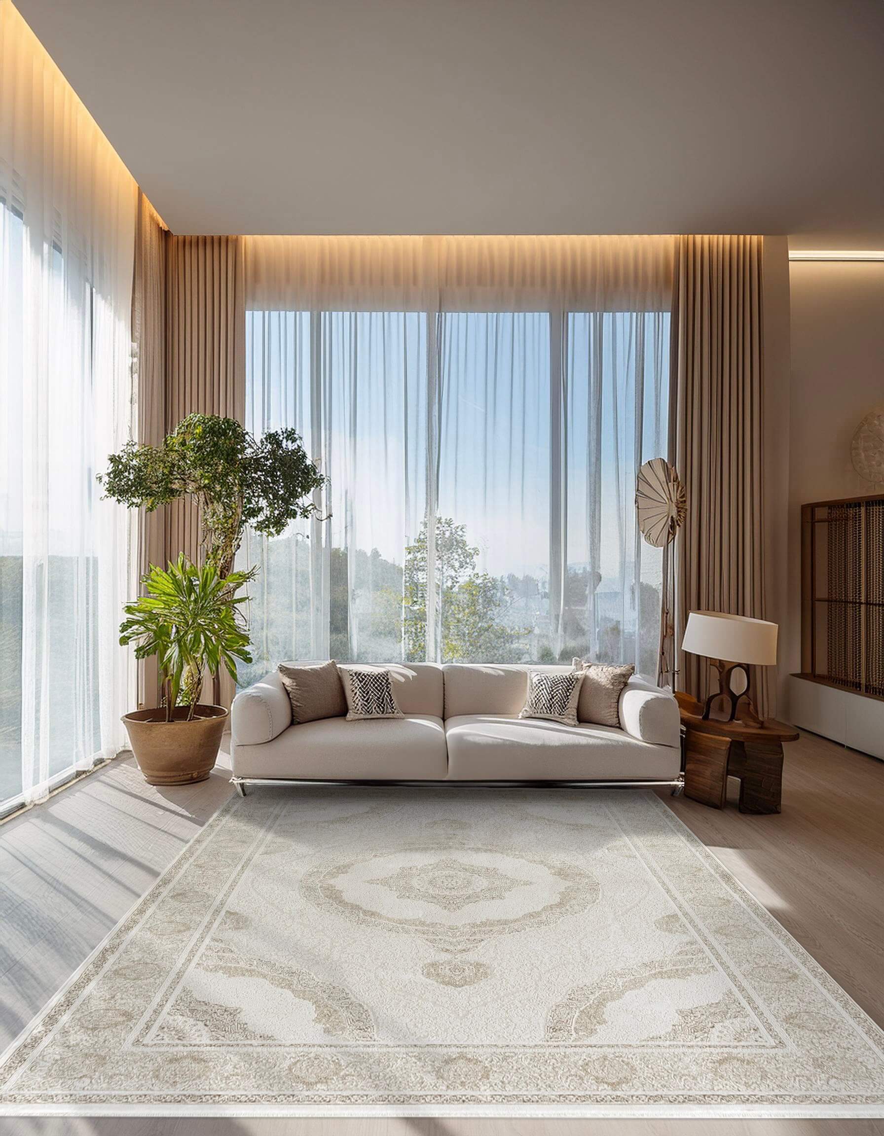 Firefly modern big living room with wabi sabi lux interior design ; modern decoration; real photo; s copy